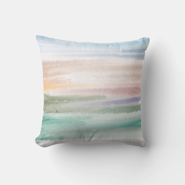 Sandy Beach Ocean Waves Sunset Abstract Watercolor Cushion (Front)