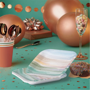 Sandy Beach Ocean Waves Sunset Abstract Watercolor Paper Plate