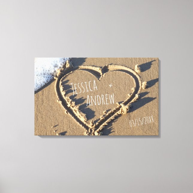 Sandy Beach Personalised Names Heart in Sand  Canvas Print (Front)