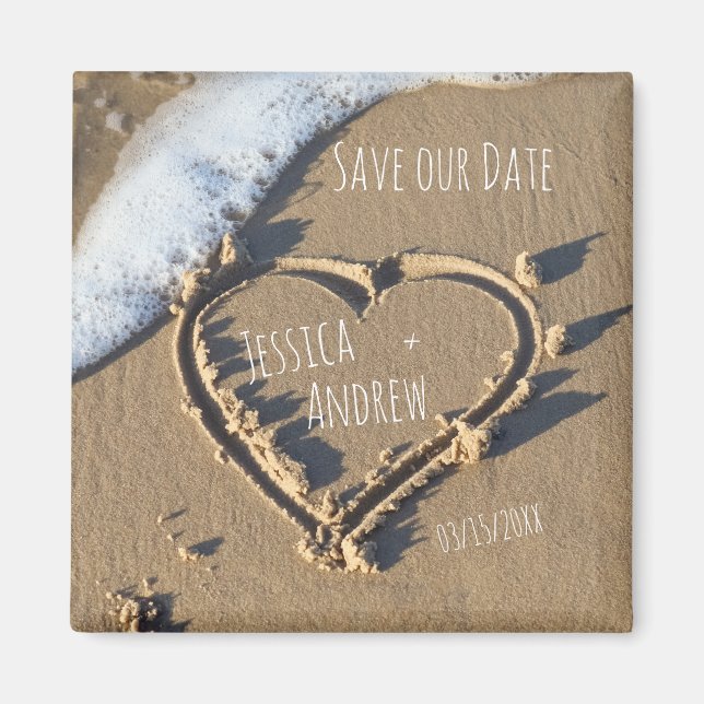 Sandy Beach Personalised Names Heart Save our Date Magnet (Front)