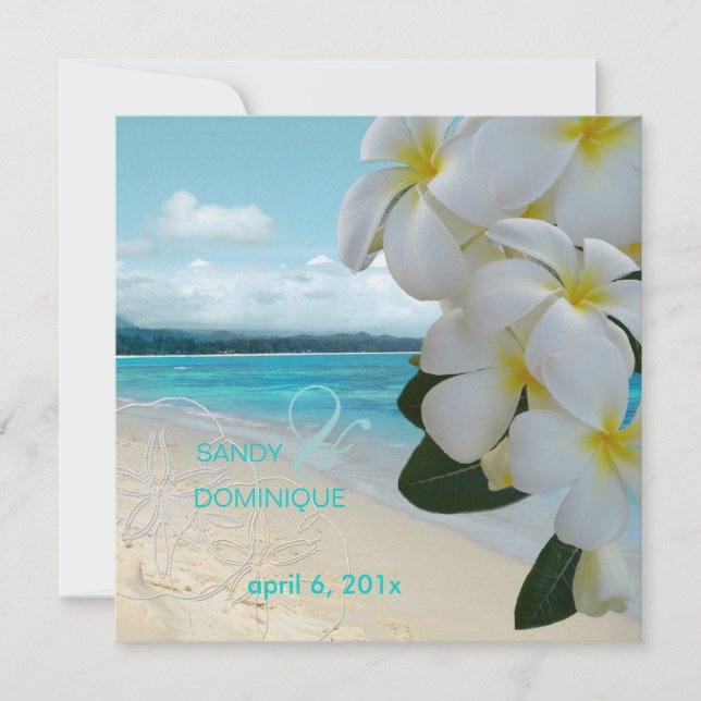 Sandy beach/plumeria destination wedding invitation (Front)
