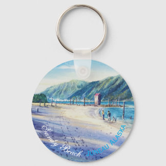 Sandy Beach Scene of Juneau Alaska Watercolor Art Key Ring