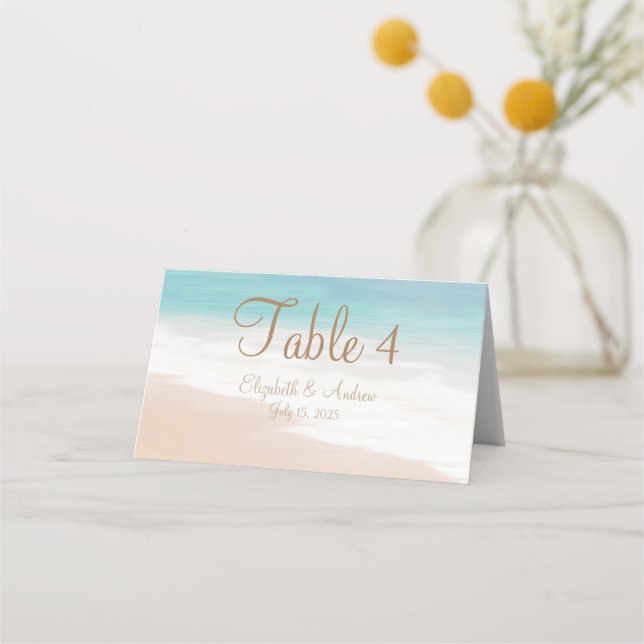 Sandy Beach Seaside Wedding Place Card (Front)