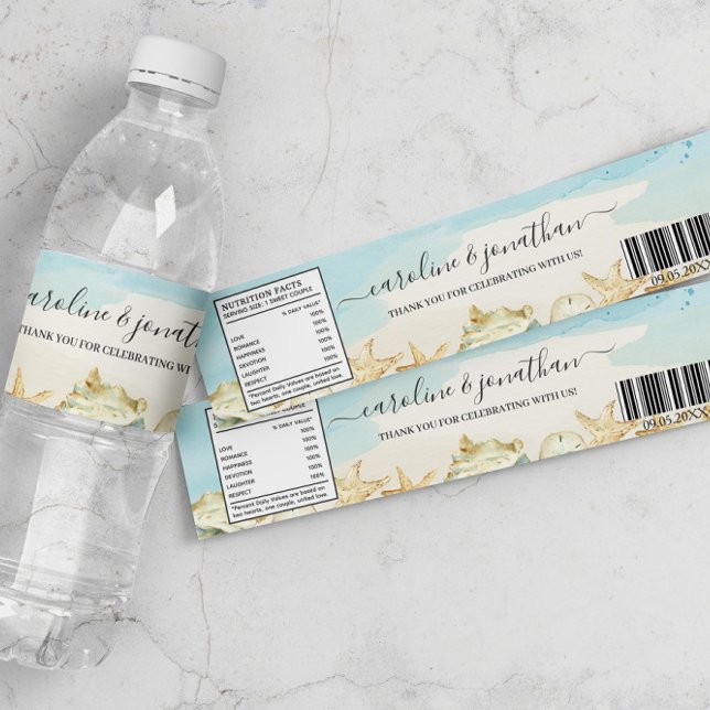 Sandy Beach Shells Nautical Destination Wedding  Water Bottle Label (Creator Uploaded)