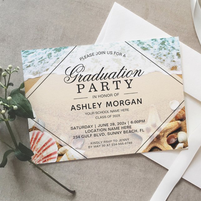 Sandy Beach Starfish Seashell Graduation Party Invitation (Creator Uploaded)