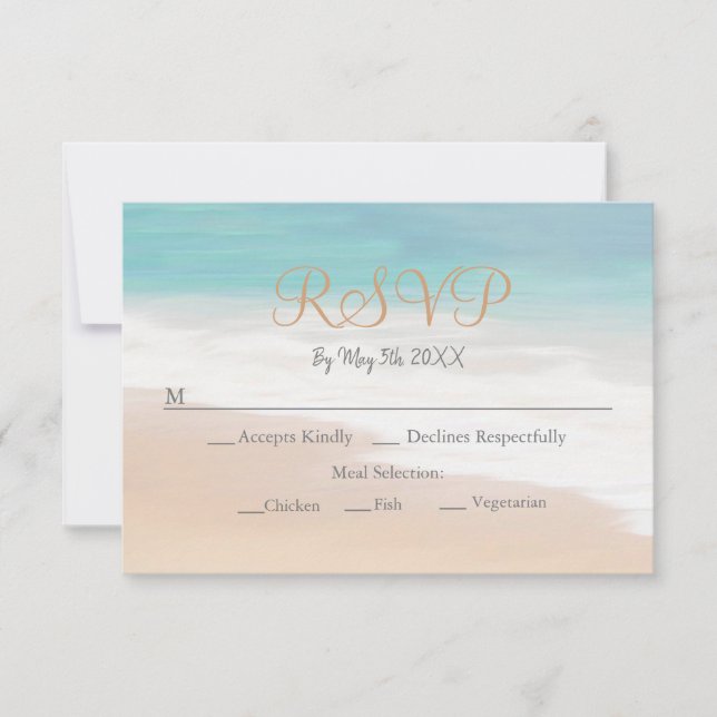 Sandy Beach Themed Seaside Beach Wedding RSVP Card (Front)