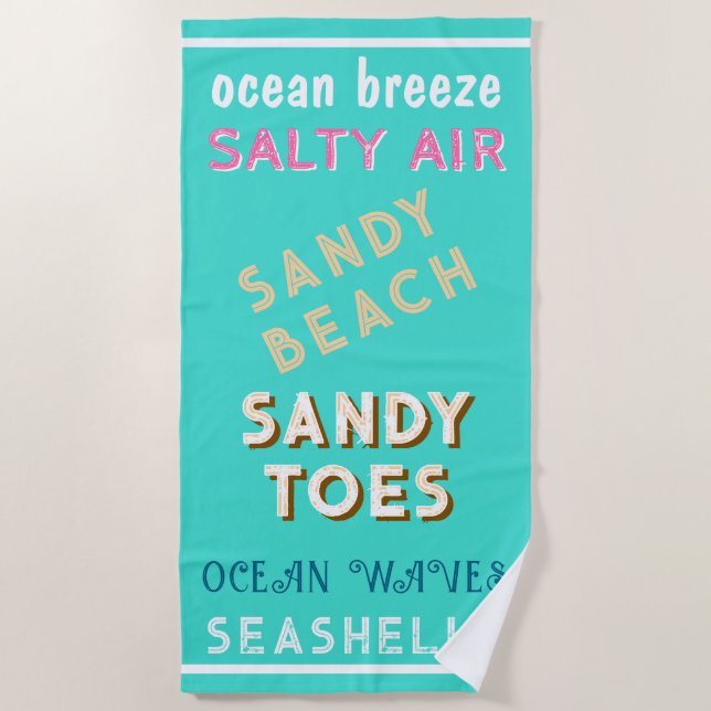 Sandy Beach Turquoise Ocean Typography  Beach Towel (Front)