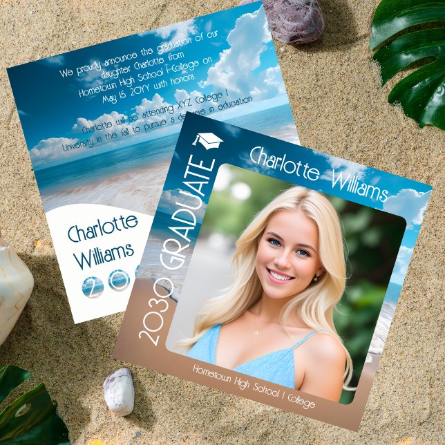Sandy Beach Waves Graduate 2 Photo Graduation  Announcement (Sandy Beach Waves Unique Graduate 2 Photo Graduation Square Announcement)