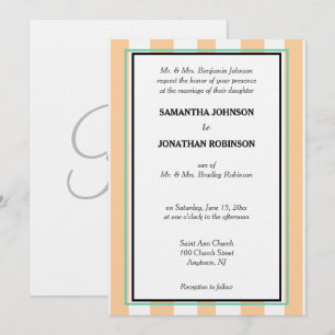 Sandy Beach White Green Cabana Stripes Monogram Invitation