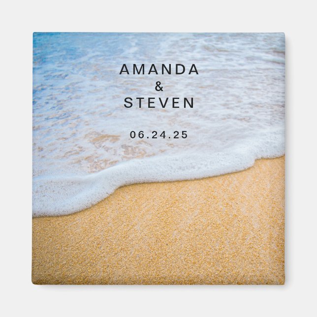 Sandy Beach with Foamy Surf Wedding Save the Date Magnet (Front)