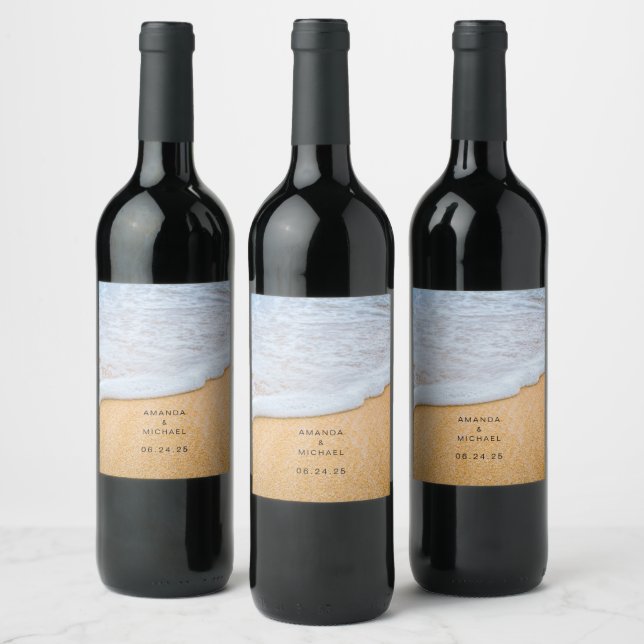 Sandy Beach with Foamy Surf Wedding Wine Label (Bottles)