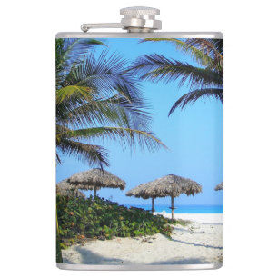 Sandy Beach With Palm Trees and An Ocean View Hip Flask