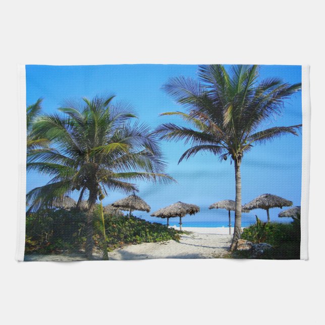 Sandy Beach With Palm Trees and An Ocean View Tea Towel (Horizontal)
