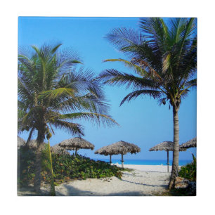 Sandy Beach With Palm Trees and An Ocean View Tile