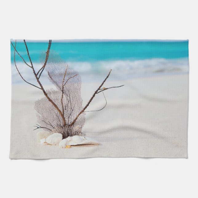 Sandy Beach with White Seashells Tea Towel (Horizontal)