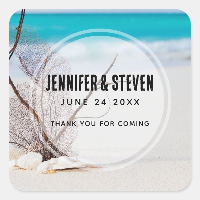 Sandy Beach with White Seashells Wedding Square Sticker (Front)