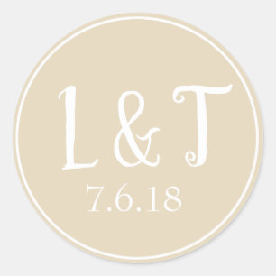 Sandy Beige Couple's Initals & Wedding Date Classic Round Sticker