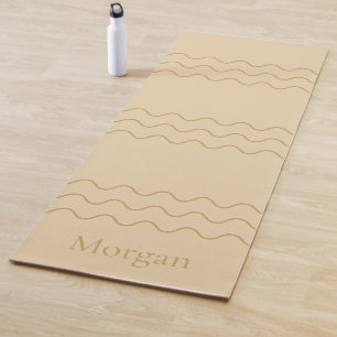 Sandy Beige Modern Wavy Lines With Custom Name Yoga Mat