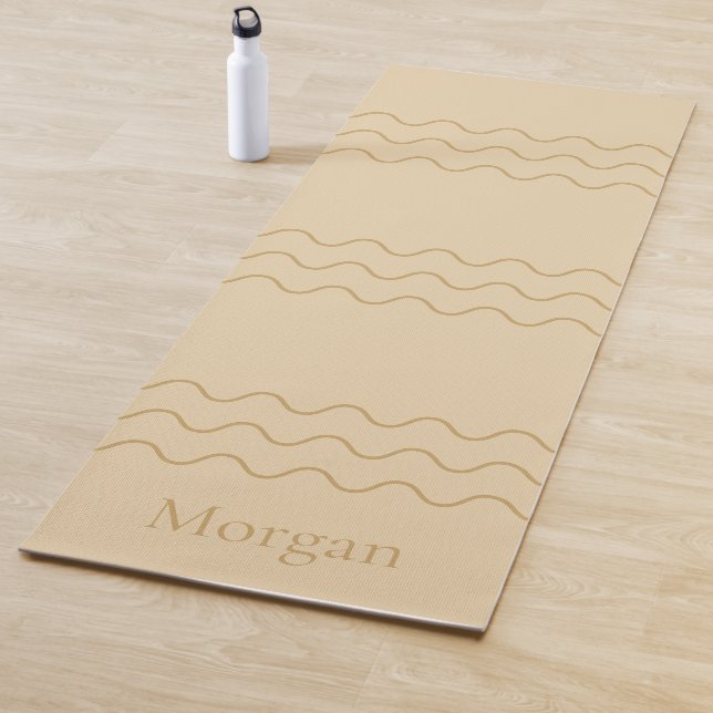 Sandy Beige Modern Wavy Lines With Custom Name Yoga Mat (In Situ)