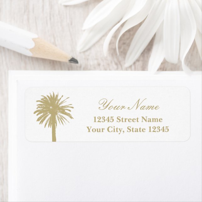 Sandy beige palm tree logo beach wedding address (Insitu)