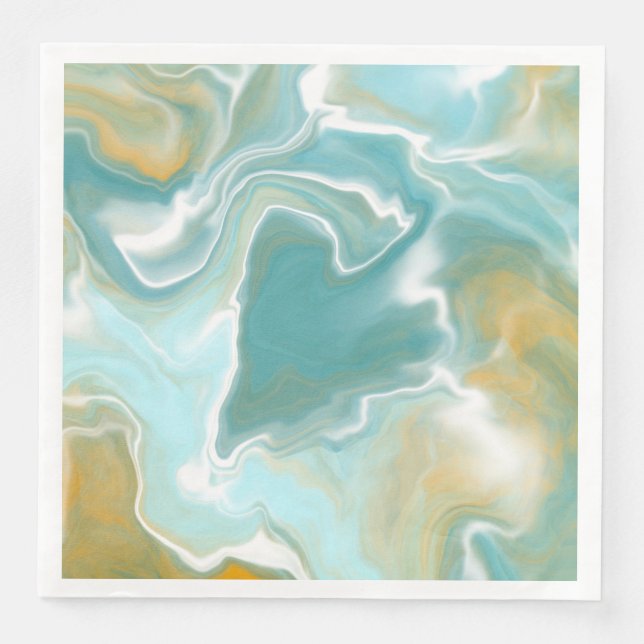 Sandy Brown Ocean Blue Marble Fluid Art Napkin (Front)