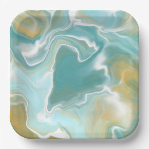 Sandy Brown Ocean Blue Marble Fluid Art Paper Plate