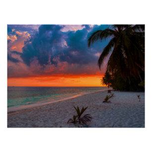 Sandy Hawaiian Island Sunset Palm Beach Paradise Poster