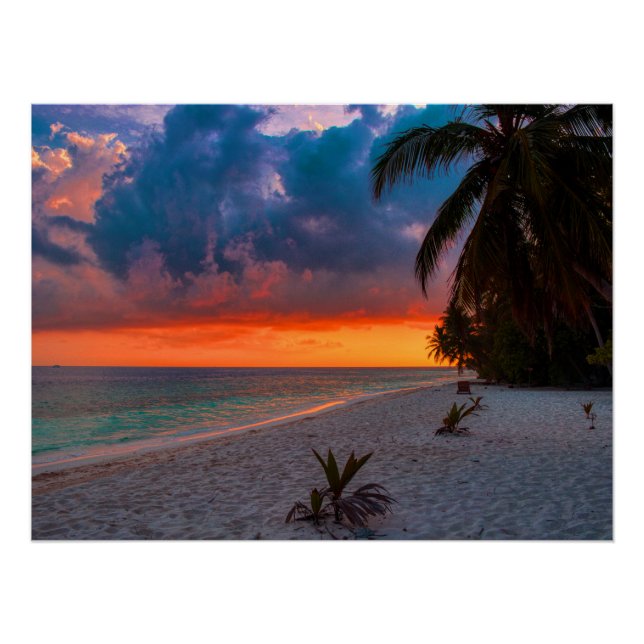 Sandy Hawaiian Island Sunset Palm Beach Paradise Poster (Front)