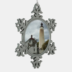 Sandy Hook Lighthouse Snowflake Pewter Christmas Ornament