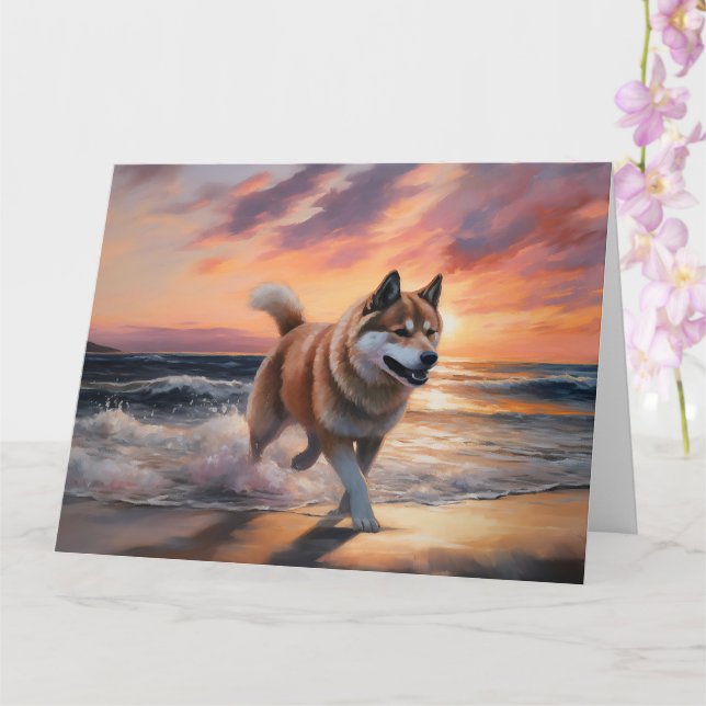Sandy Paws Akita Dog on Beach Sunset Card (Orchid)