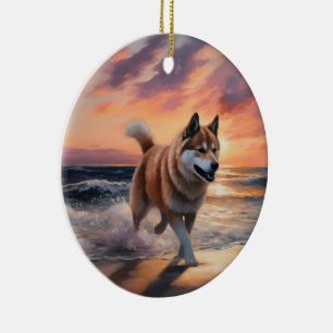 Sandy Paws Akita Dog on Beach Sunset Ceramic Tree Decoration