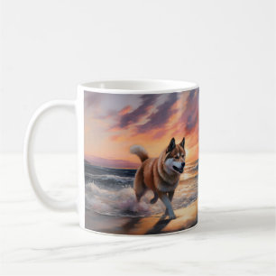 Sandy Paws Akita Dog on Beach Sunset Coffee Mug