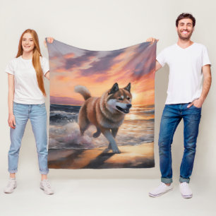 Sandy Paws Akita Dog on Beach Sunset Fleece Blanket