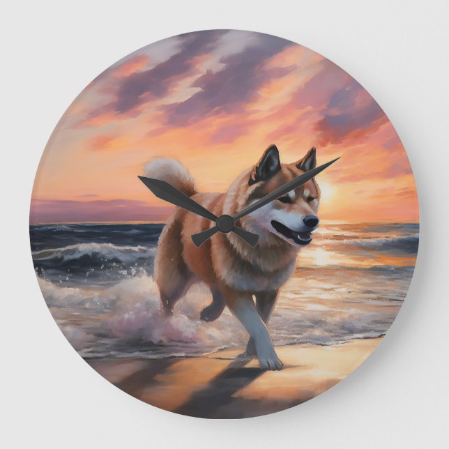Sandy Paws Akita Dog on Beach Sunset Large Clock (Front)