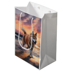 Sandy Paws Akita Dog on Beach Sunset Medium Gift Bag
