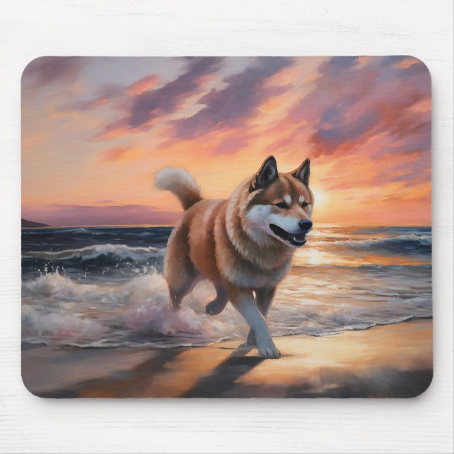 Sandy Paws Akita Dog on Beach Sunset Mouse Pad (Front)
