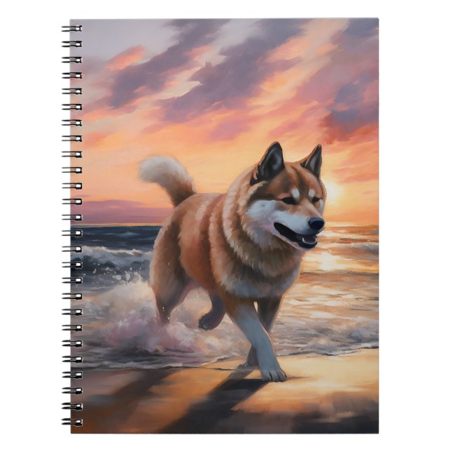Sandy Paws Akita Dog on Beach Sunset Notebook (Front)