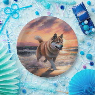 Sandy Paws Akita Dog on Beach Sunset Paper Plate