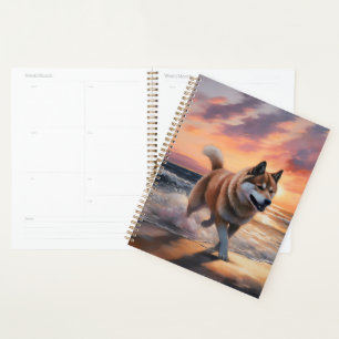 Sandy Paws Akita Dog on Beach Sunset Planner