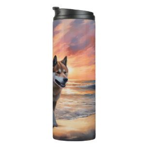 Sandy Paws Akita Dog on Beach Sunset Thermal Tumbler