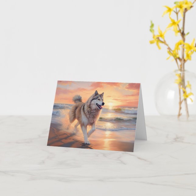 Sandy Paws Alaskan Malamute Dog on Beach Sunset Card (Yellow Flower)