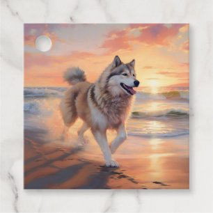 Sandy Paws Alaskan Malamute Dog on Beach Sunset Favour Tags