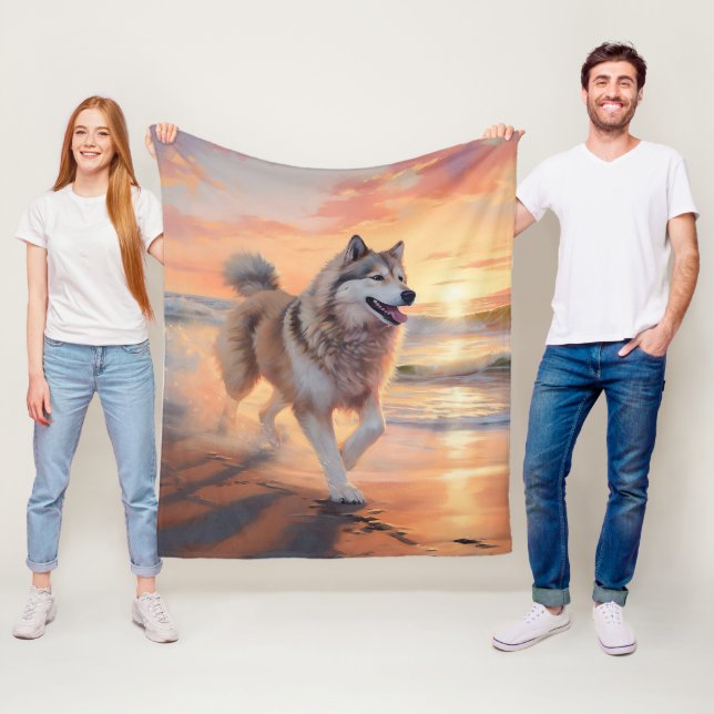 Sandy Paws Alaskan Malamute Dog on Beach Sunset Fleece Blanket (In Situ)