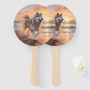 Sandy Paws Alaskan Malamute Dog on Beach Sunset Hand Fan