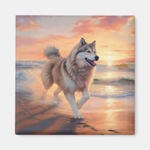Sandy Paws Alaskan Malamute Dog on Beach Sunset Magnet