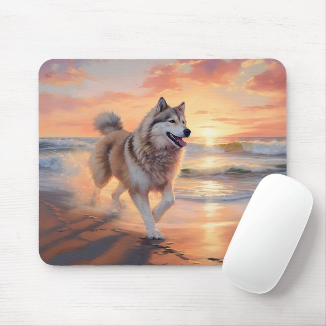 Sandy Paws Alaskan Malamute Dog on Beach Sunset Mouse Pad (With Mouse)