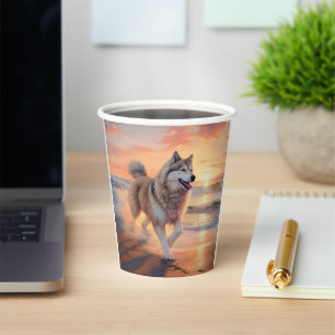 Sandy Paws Alaskan Malamute Dog on Beach Sunset Paper Cups