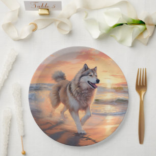 Sandy Paws Alaskan Malamute Dog on Beach Sunset Paper Plate