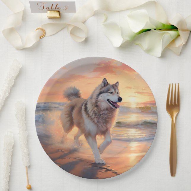 Sandy Paws Alaskan Malamute Dog on Beach Sunset Paper Plate (Wedding)
