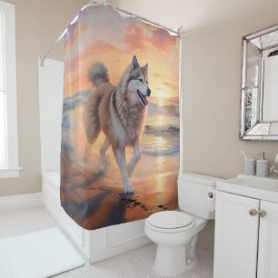 Sandy Paws Alaskan Malamute Dog on Beach Sunset Shower Curtain